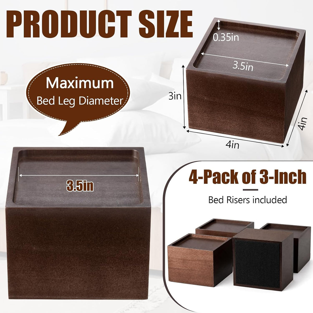 4 Pcs 3"Solid Wood Bed Furniture Riser Vintage Color Couch Lifter