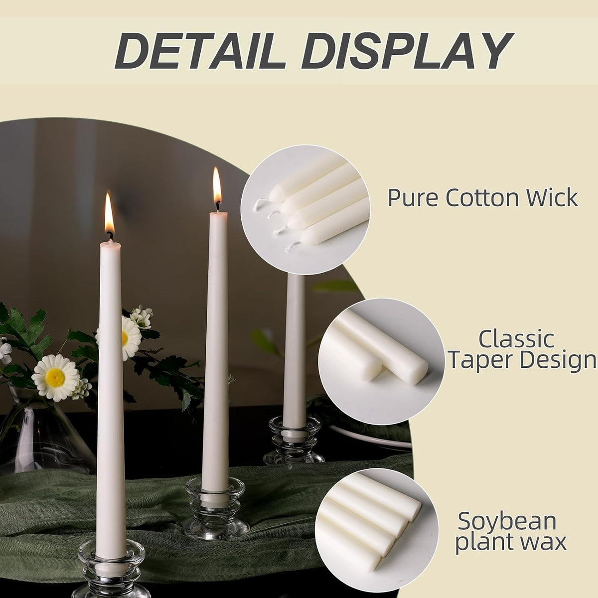 Soy Wax Taper Candles, 10 Inch White Unscented Taper Candles, 2 Pack
