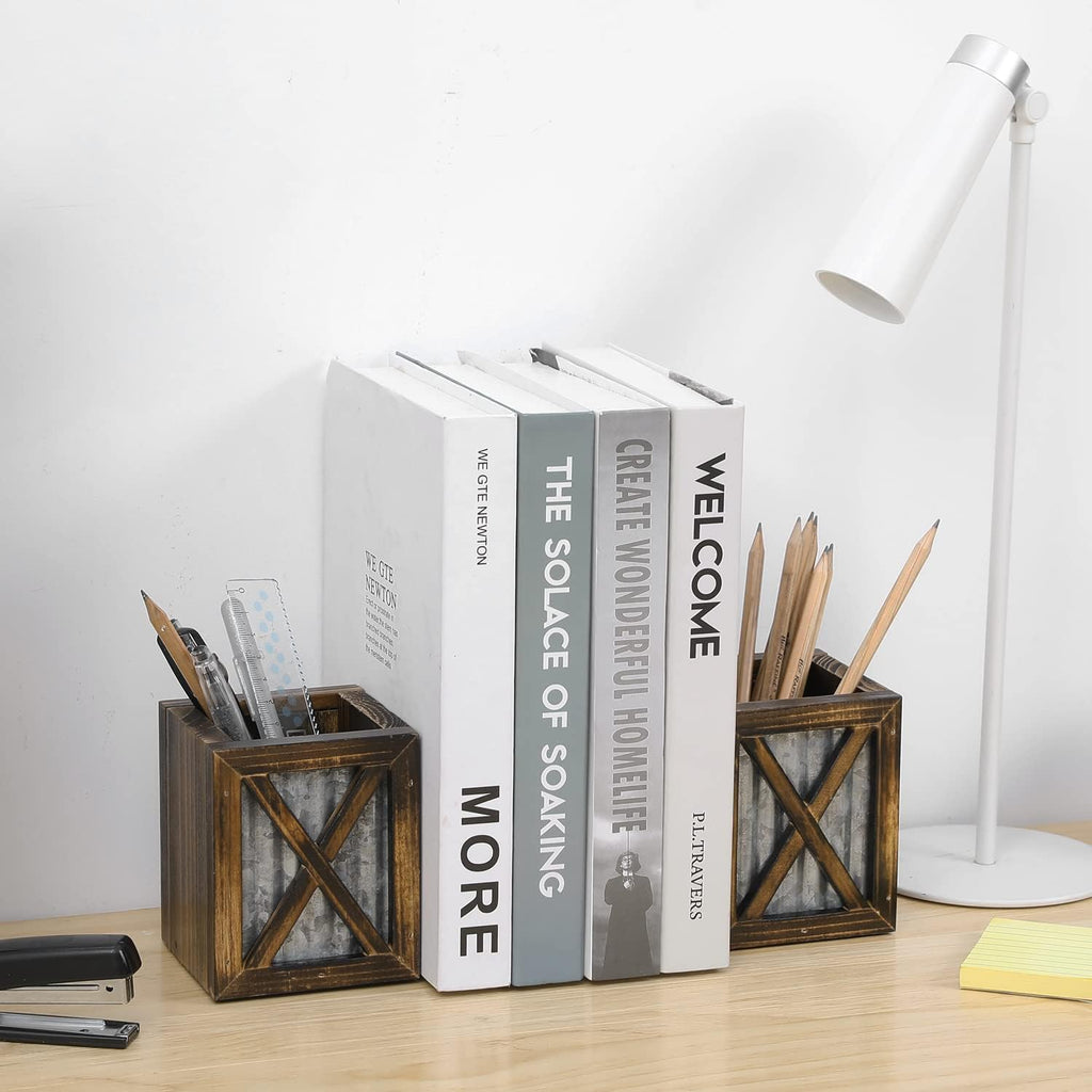 MyGift Rustic Bookends with Pen Holder, Wood & Metal Desk Organizer