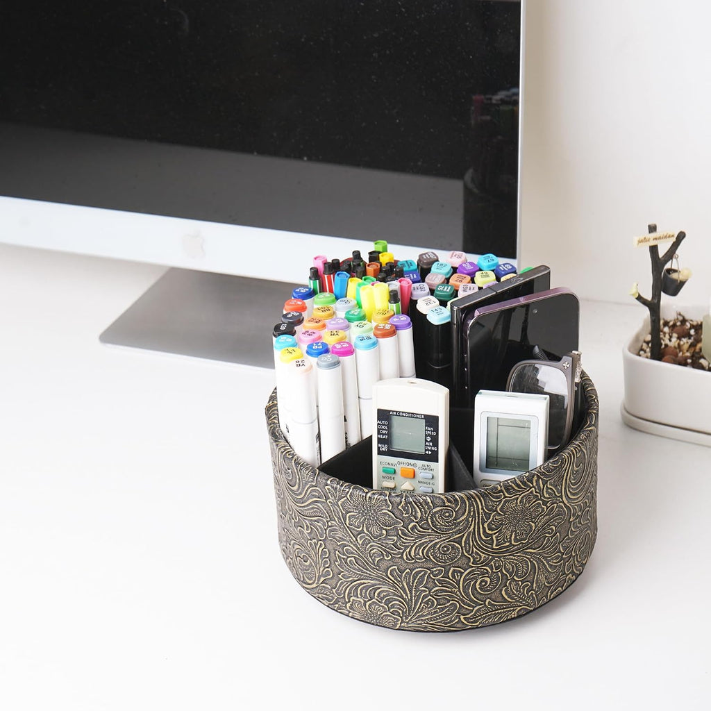 lizimandu Remote Control Holder, 360°Spinning PU Leather Desk TV Remote Caddy,Desk Storage Box Room Accessories for Controller, Media,Mail,Calculator, Mobile Phone,Pencil(1B-Carved Cooper Gold)