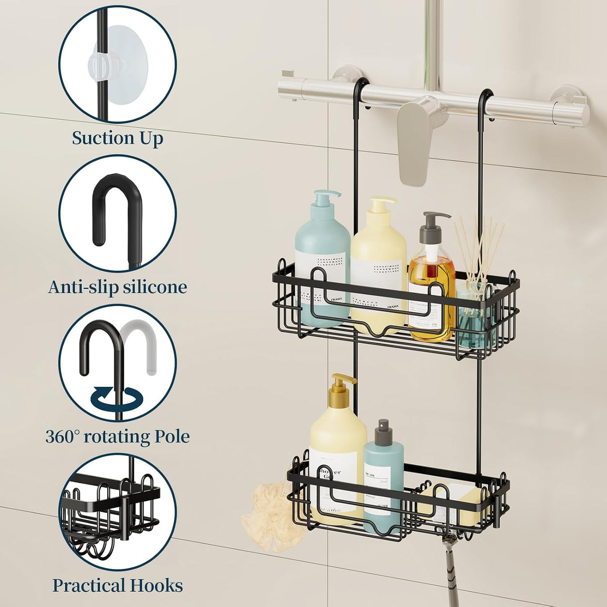 Consumest Over the Door Shower Caddy - 2-Tier Hanging Shower Organizer with Soap Holder, Rustproof Bathroom Storage and Organizer Rack for Shampoo, Towels, and Toiletries, Black