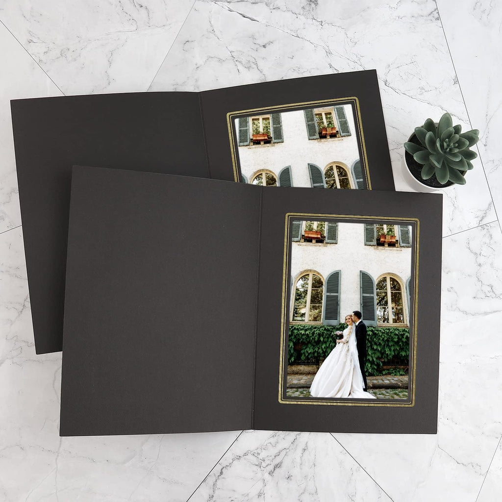 Golden State Art, Pack of 10, 5x7 Photo Folders, Cardboard Picture Frame, Paper Frame Cards, Greetings/Invitation Special Events: Graduation, Christmas (Black with Gold Lining)