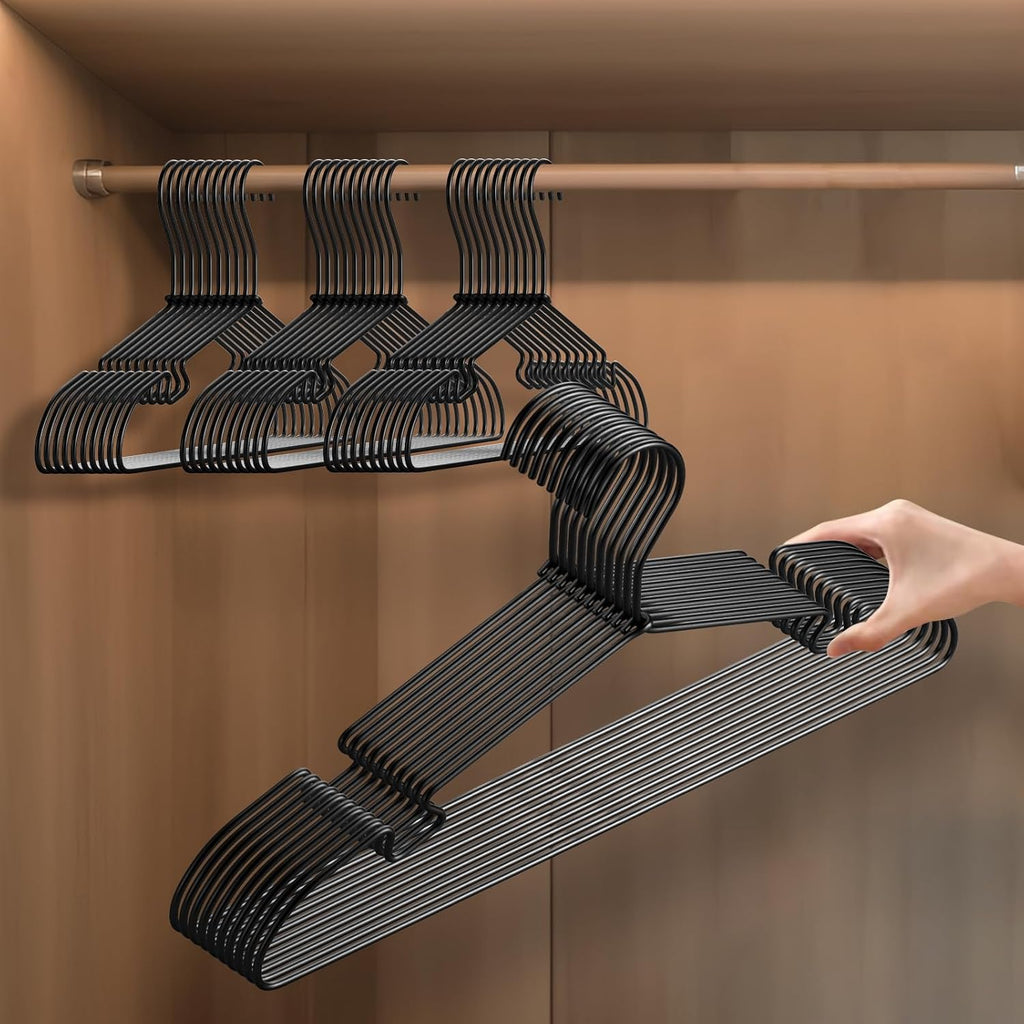 30 Pack Black Aluminum Hangers, 16.5 Inch Non-Slip Metal Clothes Hangers, Lightweight Sturdy and Bulk Space-Saving Hangers for Pants, Skirt, Shirt, Dress, Tie