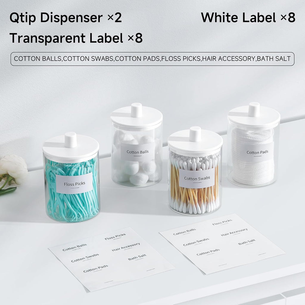 TIPGO Glass Qtip Holder Dispenser for Bathroom - 10 oz Clear Canister Apothecary Jar for Cotton Swabs, Balls, Pads, Floss Picks, Small Containers for Makeup Storage Organizer (2 Pack, White)
