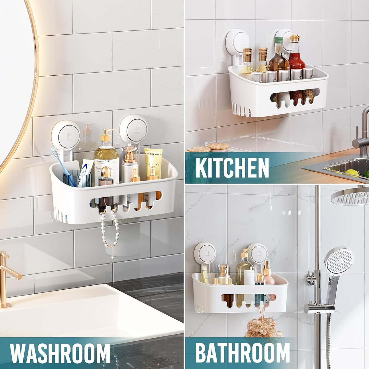 TAILI Shower Caddy Suction Cup, Heavy Duty Bathroom Organizer, Removable Shelves for Inside Shower, Shampoo, Waterproof Suction Plastic Storage for Bathroom Accessories Holder, White