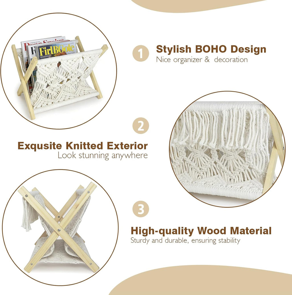 Boho Macrame Magazine Holder,Hand-Woven Magazine Rack for Home Office