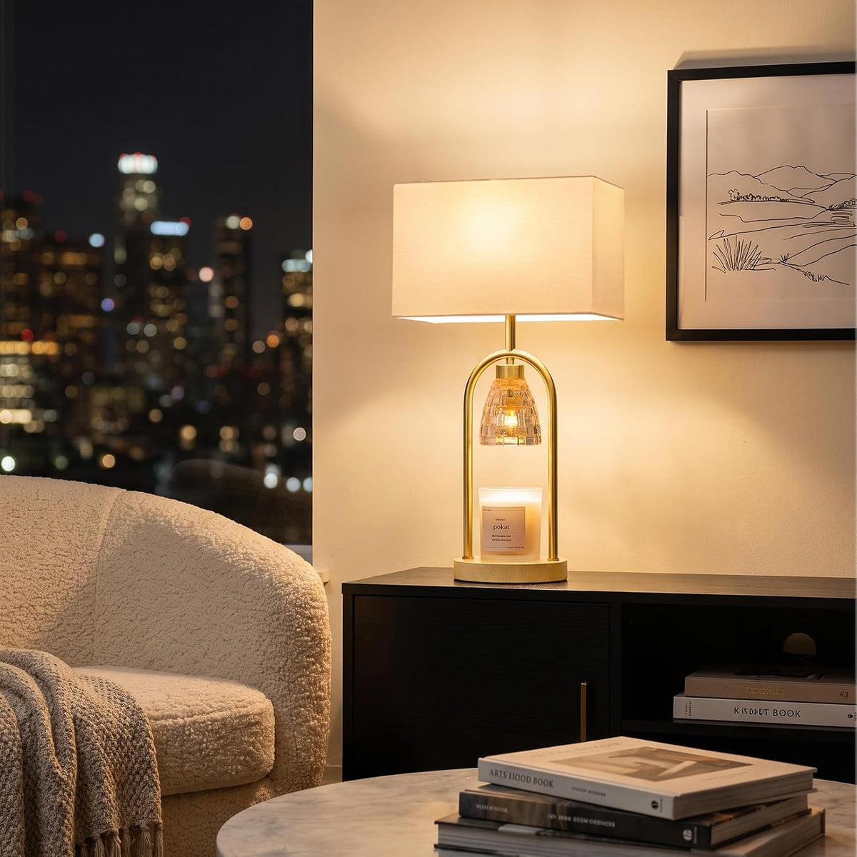 PoKat 22'' Table Lamp with Candle Warmer for Bedroom, Farmhouse Wood & Gold