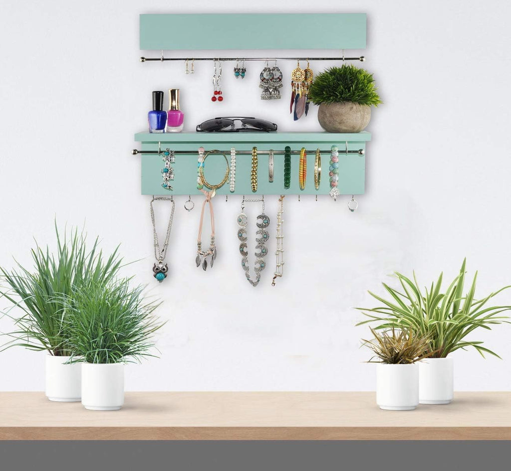 Wall-Mounted Jewelry Organizer - Wood Turquoise - Necklace Holder with Removable Metal Bar - Earrings Bracelets Hooks - Shelf Storage