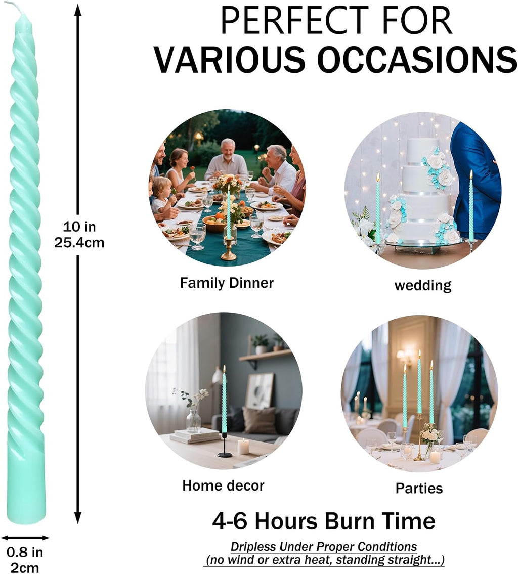 10 Inch Spiral Teal Taper Candles, 10 Pack Turquoise Green Candlesticks, Unscented Dripless Long Burning Candles for Dinner Party Wedding Home Decor, Aqua Mint Seafoam Table Candles