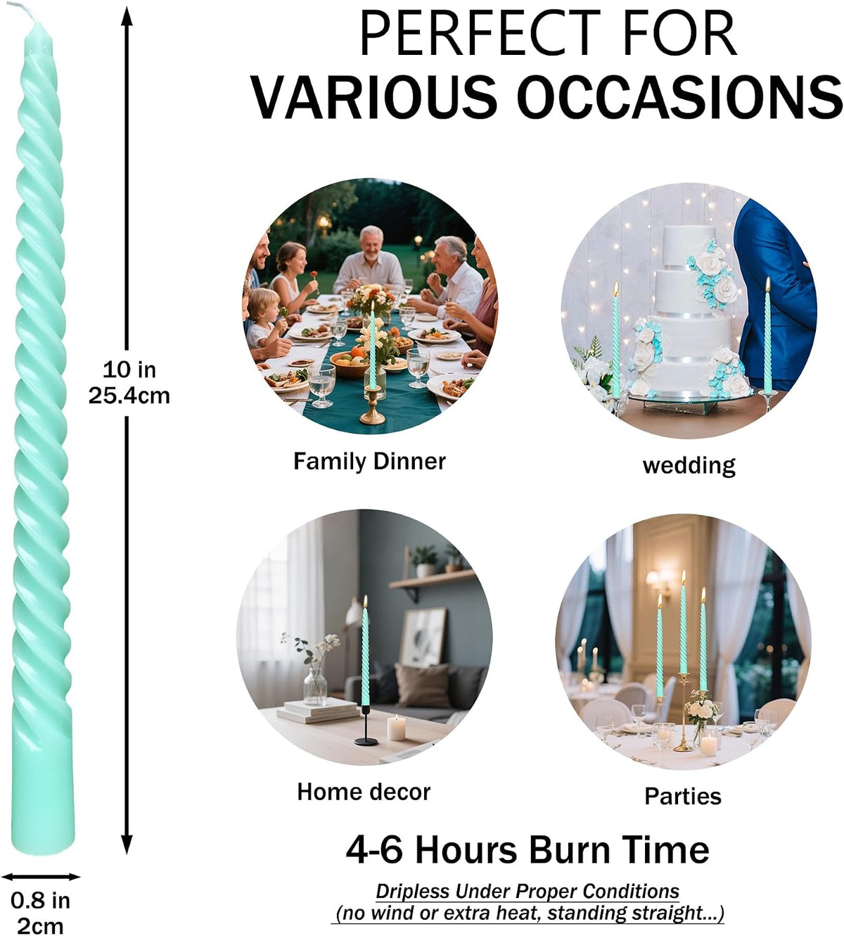 10 Inch Spiral Teal Taper Candles, 10 Pack Turquoise Green Candlesticks, Unscented Dripless Long Burning Candles for Dinner Party Wedding Home Decor, Aqua Mint Seafoam Table Candles