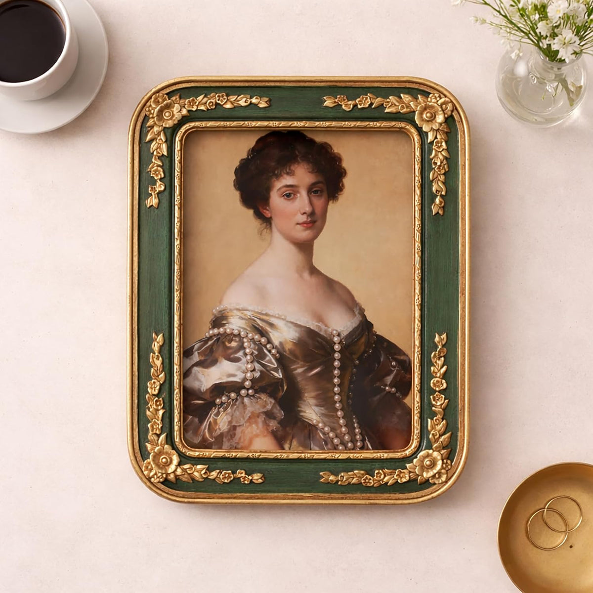5 x 7 Picture Frame, Ornate Floral Embossed Victorian Style Decorative Photo Frame, Green Gold Vintage Picture Frames 5x7 with Glass Front for Tabletop, Shelf, Mantel or Wall Hanging, Traditional Vintage Home Décor (Green, 5X7)