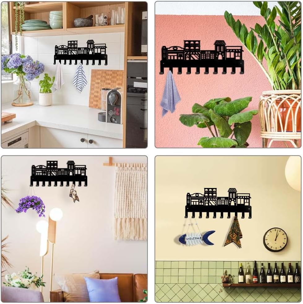 SUPERDANT Metal Key Holder Metal Hook Rack Wall Mounted Organizer Houses Street Wall Key Holders Decorative Backpack Hangers for Home Living Room Decoration 33×15cm