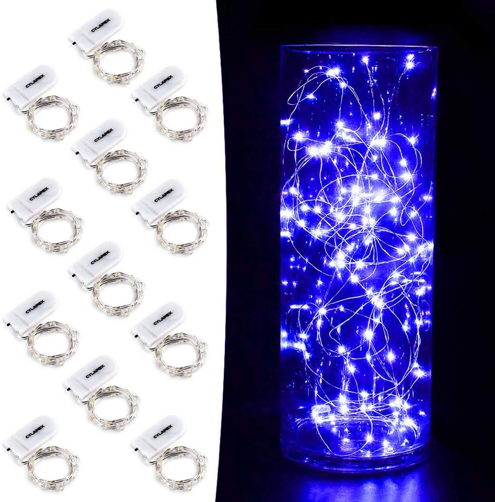 CYLAPEX 12 Pack Fairy Lights Battery Operated 7ft 20 LED Mini String Lights Silver Wire Firefly Starry Moon Lights for Halloween Wedding Mason Jars Party Christmas Centerpiece Table Decorations, Blue