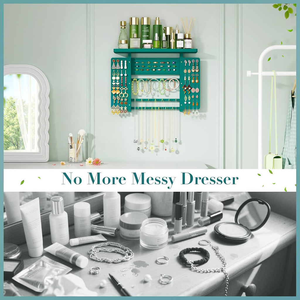 Emfogo Jewelry Organizer Hanging Wall Mounted Jewelry Holder, 5-in-1 Large Capacity Necklace Organizer Wall Hanging Jewelry Display for Ring, Necklaces, Bracelets, Earrings (Green)