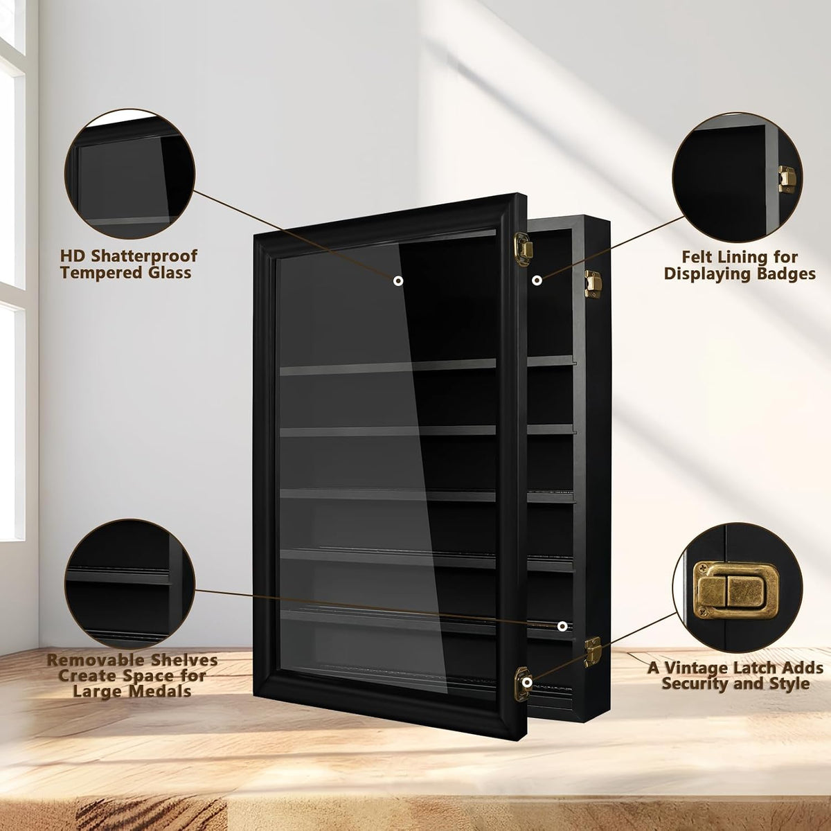 7 Rows Military Challenge Coin Holder Wall Display Case with HD Tempered Glass – Holds 100 Coins, Medal Display Cabinet Rack Shadow Box with Removable 2-Groove Shelves for Casino Poker Chips, Black