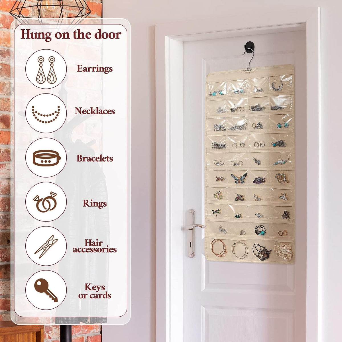 Kenning 4 Pcs Hanging Jewelry Organizer with 80 Pockets Earring Storage Organizer Dual Sided Earring Holder Necklace Hanger Closet for Bracelet, Necklace, Ring, Knitting Tool, Accessories, Beige