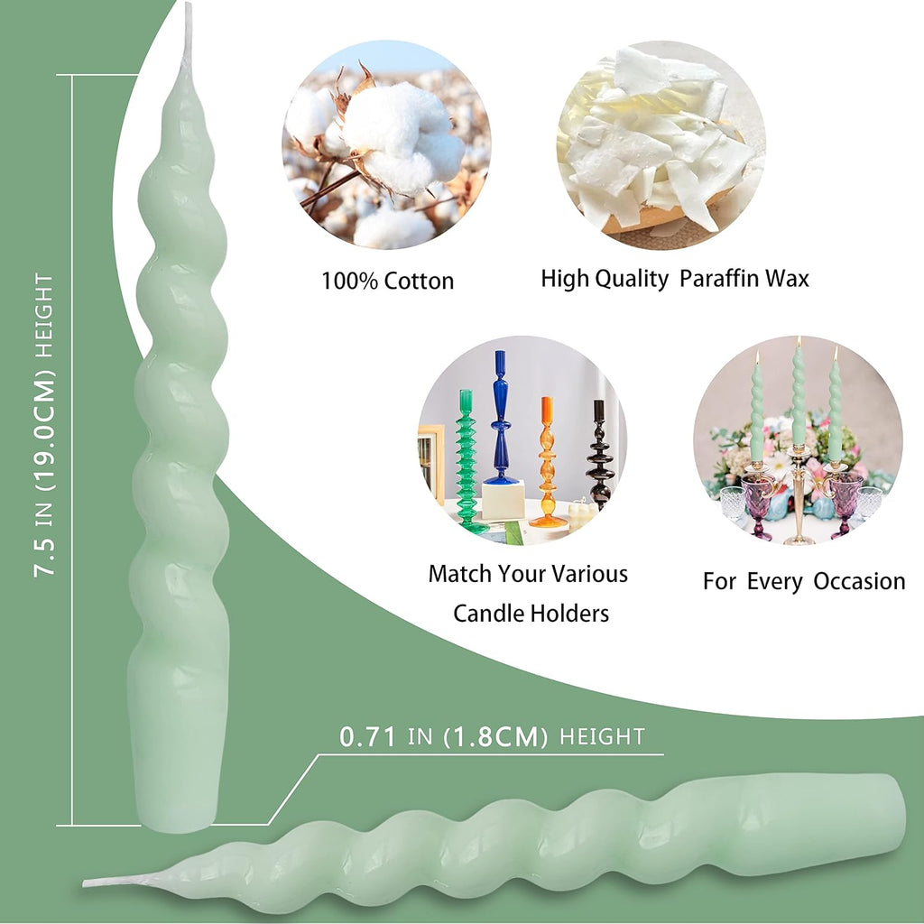 Light Green Spiral Taper Candles Set of 2, 7.5 Inch Unscented for Wedding
