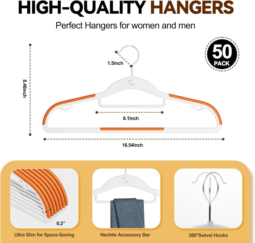 Plastic Stackable Hangers 50 Pack, 360° Swivel Hook, Orange