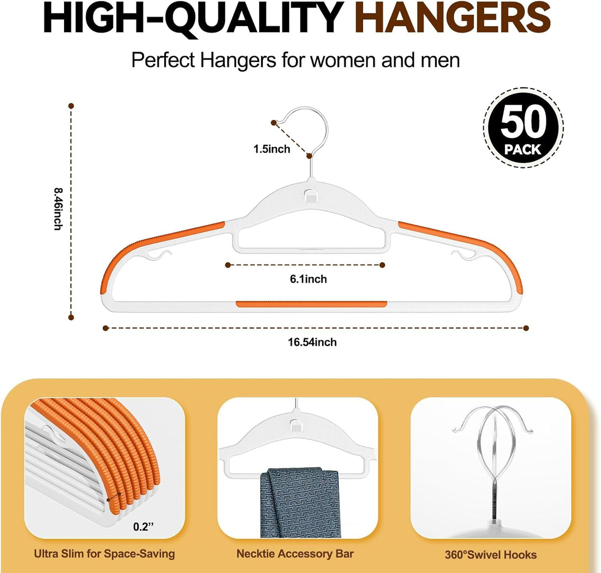 Plastic Stackable Hangers 50 Pack, 360° Swivel Hook, Orange