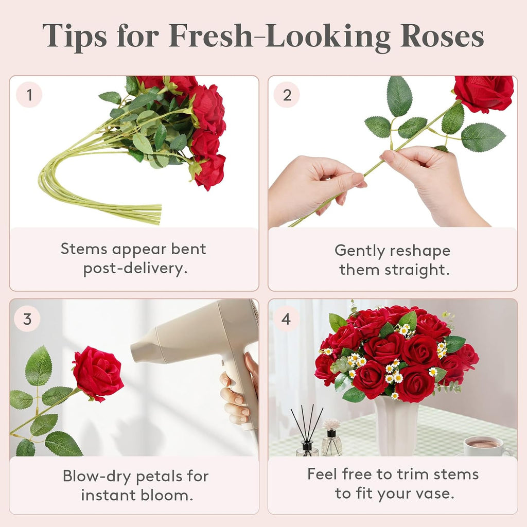 Lifewit Classic Red Artificial Roses Flowers, Faux Long Stem Roses Bulky