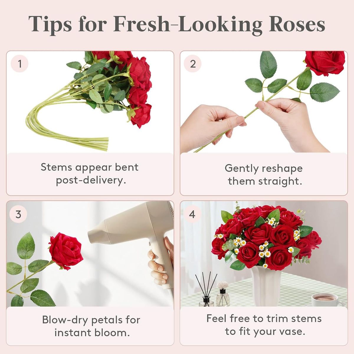 Lifewit Classic Red Artificial Roses Flowers, Faux Long Stem Roses Bulky