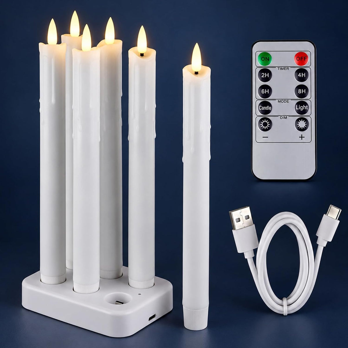 Fanna 6-Pack Rechargeable Led Taper Candles with Charging Panel, H 9.8"