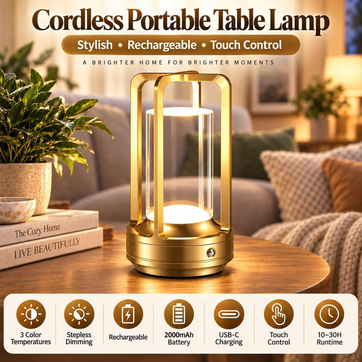 Rechargeable Table Lamp for Outdoor Indoor Portable Lamp with 3 Colors