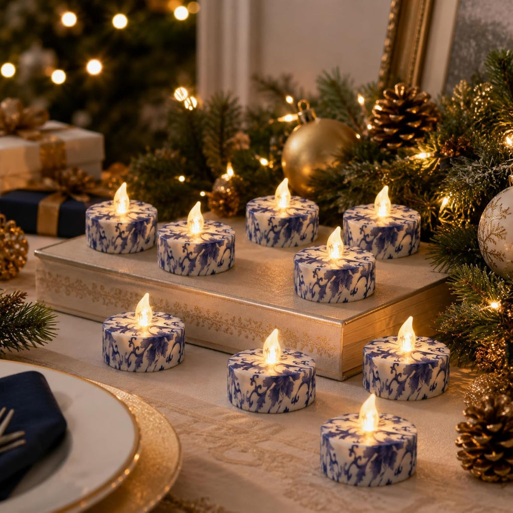 Flameless Tea Lights with Remote & Timer, 12 Pack Blue and White Floral LED Tealight Candles, Battery Operated Dimmable Flickering Lights for Wedding Home Decor