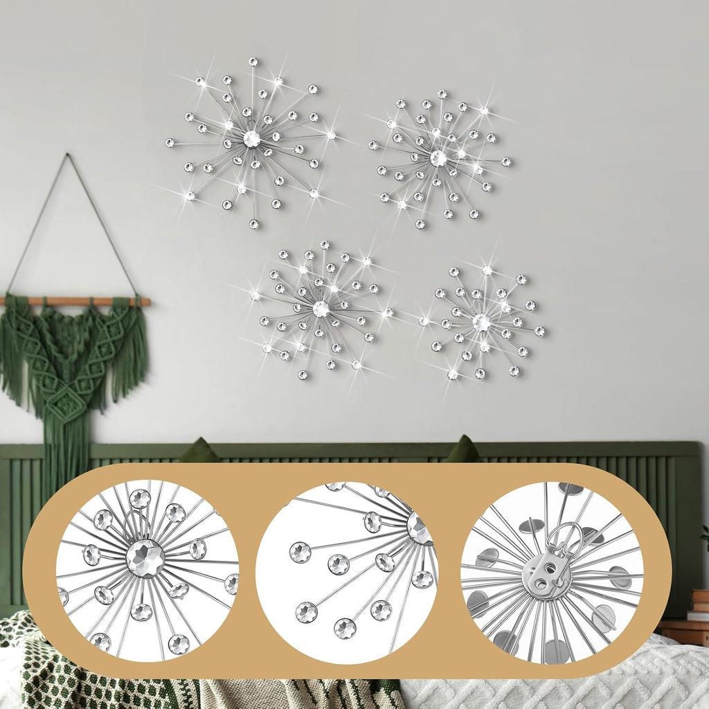 Funnymoom 4 Pcs Silver Starburst Wall Decor Metal Wall Art Rhinestone