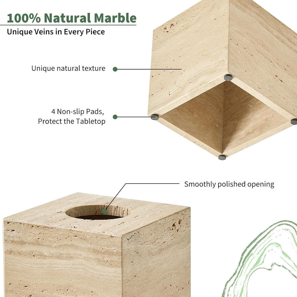 Real Natural Travertine Tissue Box Cover, 5.5in Square Holder