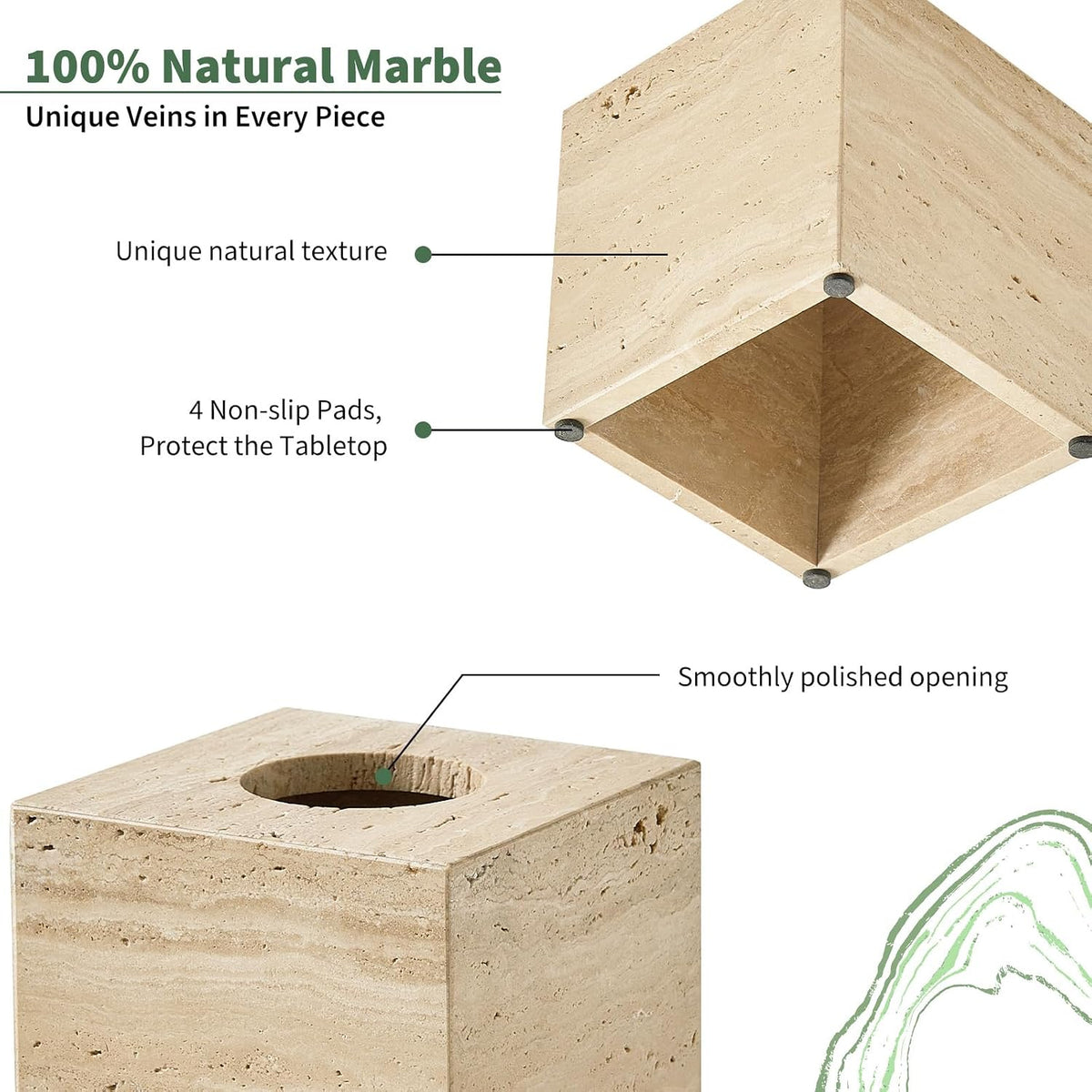 Real Natural Travertine Tissue Box Cover, 5.5in Square Holder
