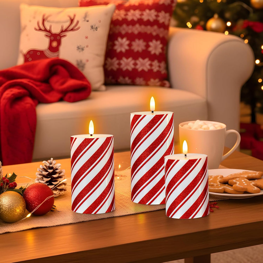 Glitter Red Stripe LED Flameless Candles, Battery Operated Pillar Lights with Remote Timer, Real Wax Electric Candles for Holiday Home Christmas Party Decor, Set of 3