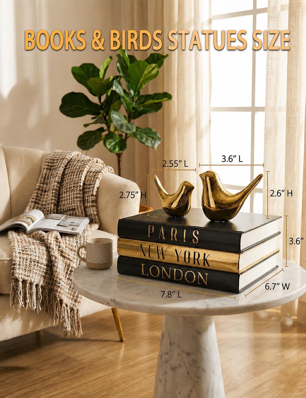 Decorative Books for Home Decor & Coffee Table Book Decor - Set of 3 Real Hardcover Decorative Books (Paris, London, New York) with Gold Ceramic Birds - Modern Shelf Decoration