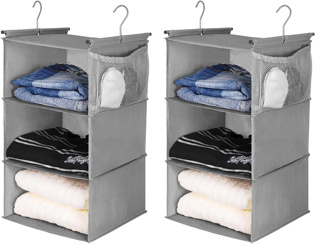 MAX Houser 3 Tier Shelf Hanging Closet Organizer, Closet Hanging Shelf with 2 Sturdy Hooks for Storage, 2 Pack, Foldable (Grey)