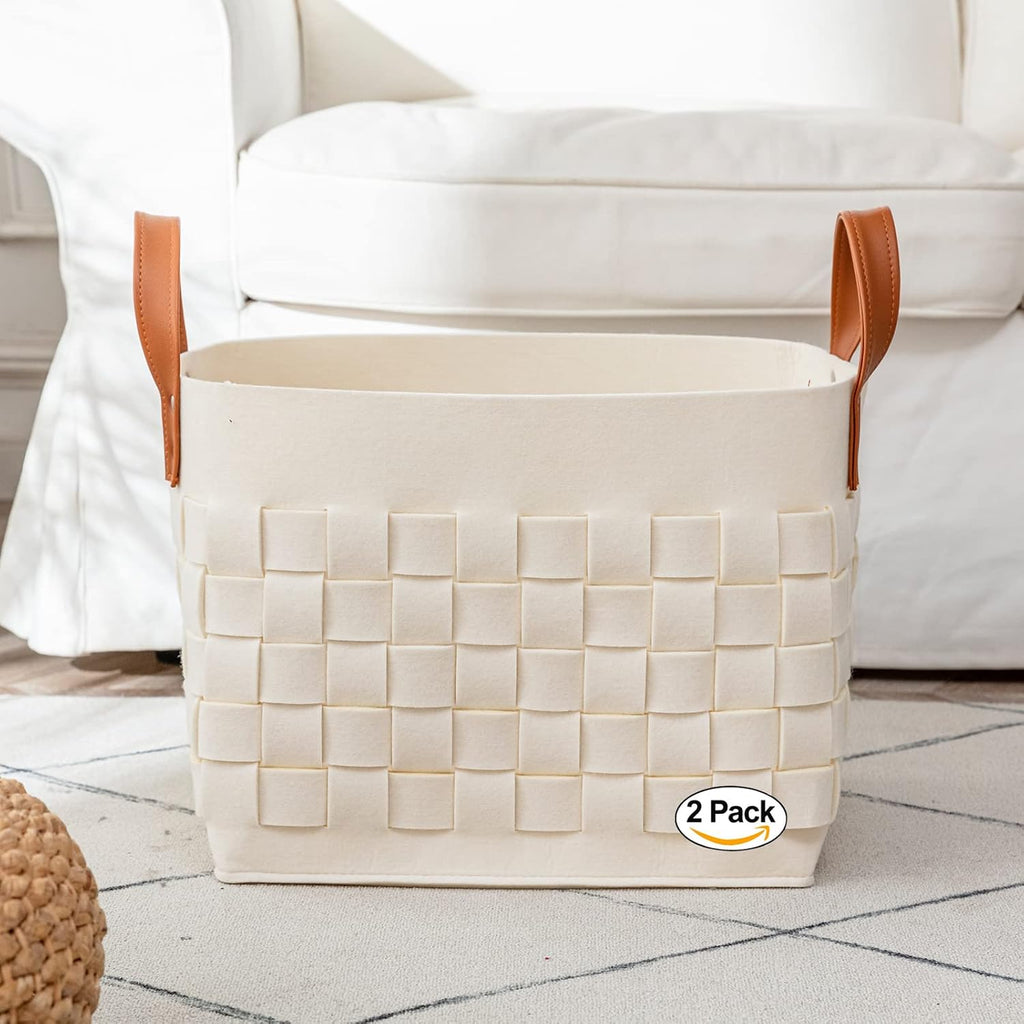 boldmonkey Blankets Basket 15 " x13 x11 2 Pack, Large Rectangular Laundry Hamper with Leather Handle, Soft Dog Toy Basket for Storage-Beige