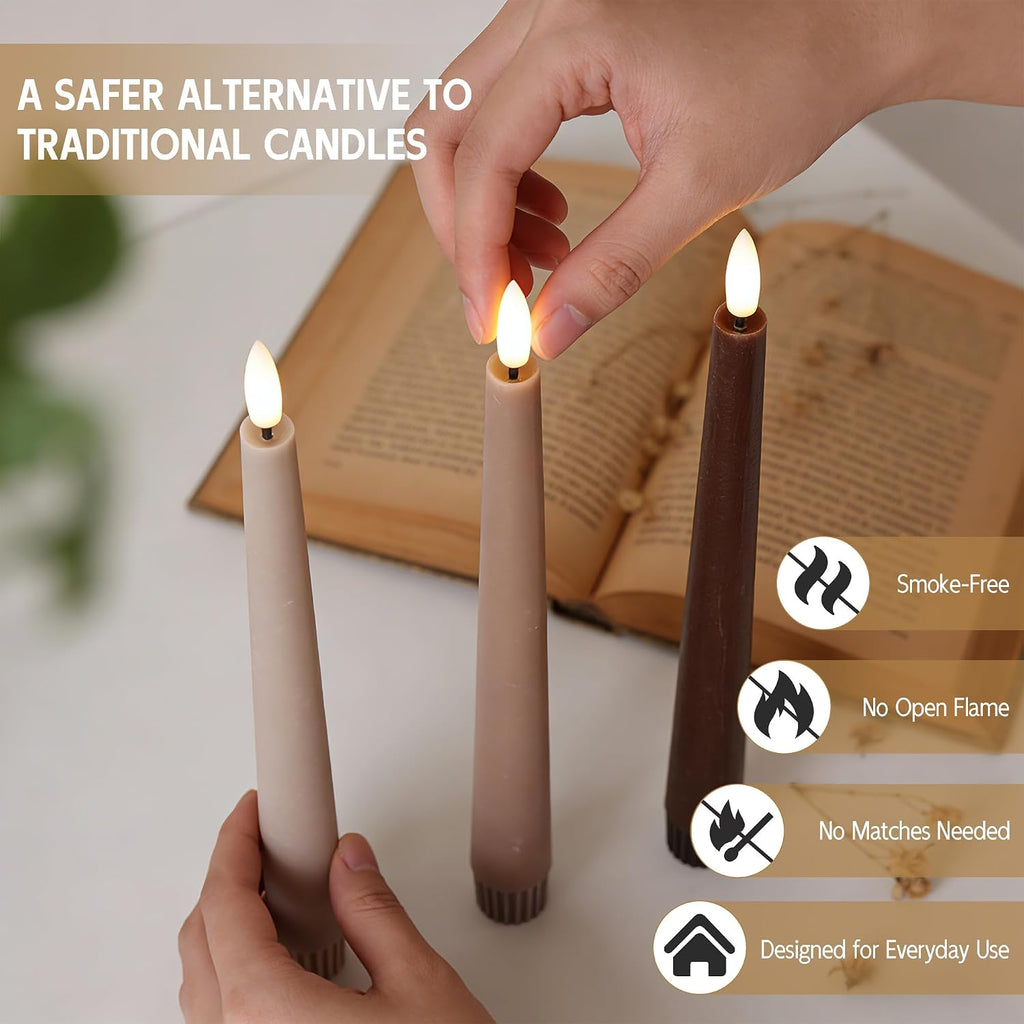 Brown Flameless Taper Candles, Wax LED Candles with Remote Battery Operated