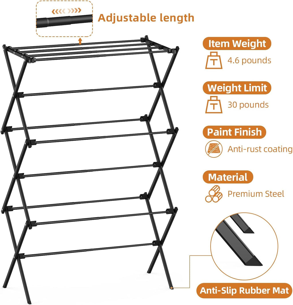 Drying Rack Clothing, 3-Tier Clothes Drying Rack Foldable, Antirust Laundry Drying Rack Collapsible Use for Indoor & Outdoor, 11.8" D x 34.6" W x 35.4" H, Black