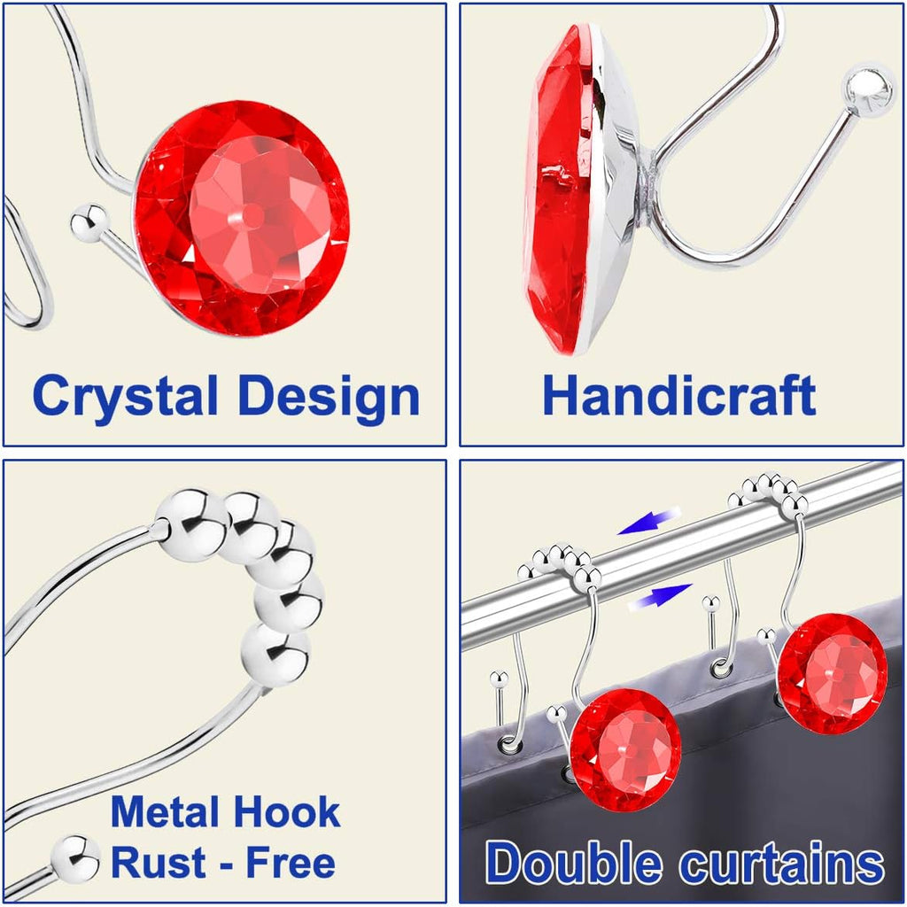 Shower Curtain Hooks Rings for Bathroom, 12PCS Double Hooks Glide Anti Rust Crystal Rhinestones Shower Curtain Rings Hangers for Shower Curtains, Clothing, Towels, etc. (Red)