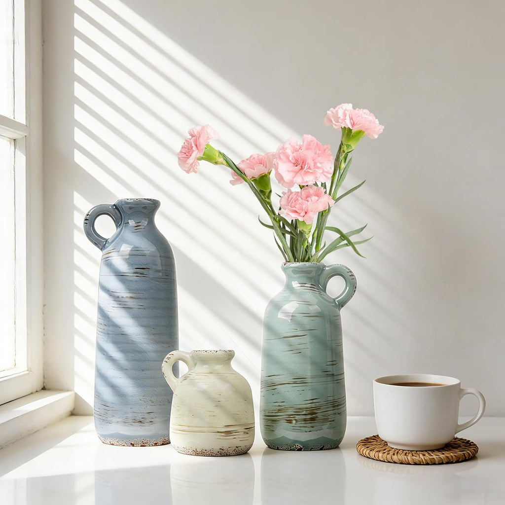 Ceramic Vase Set of 3, Vase Home Decor with Handle, Waterproof Vases