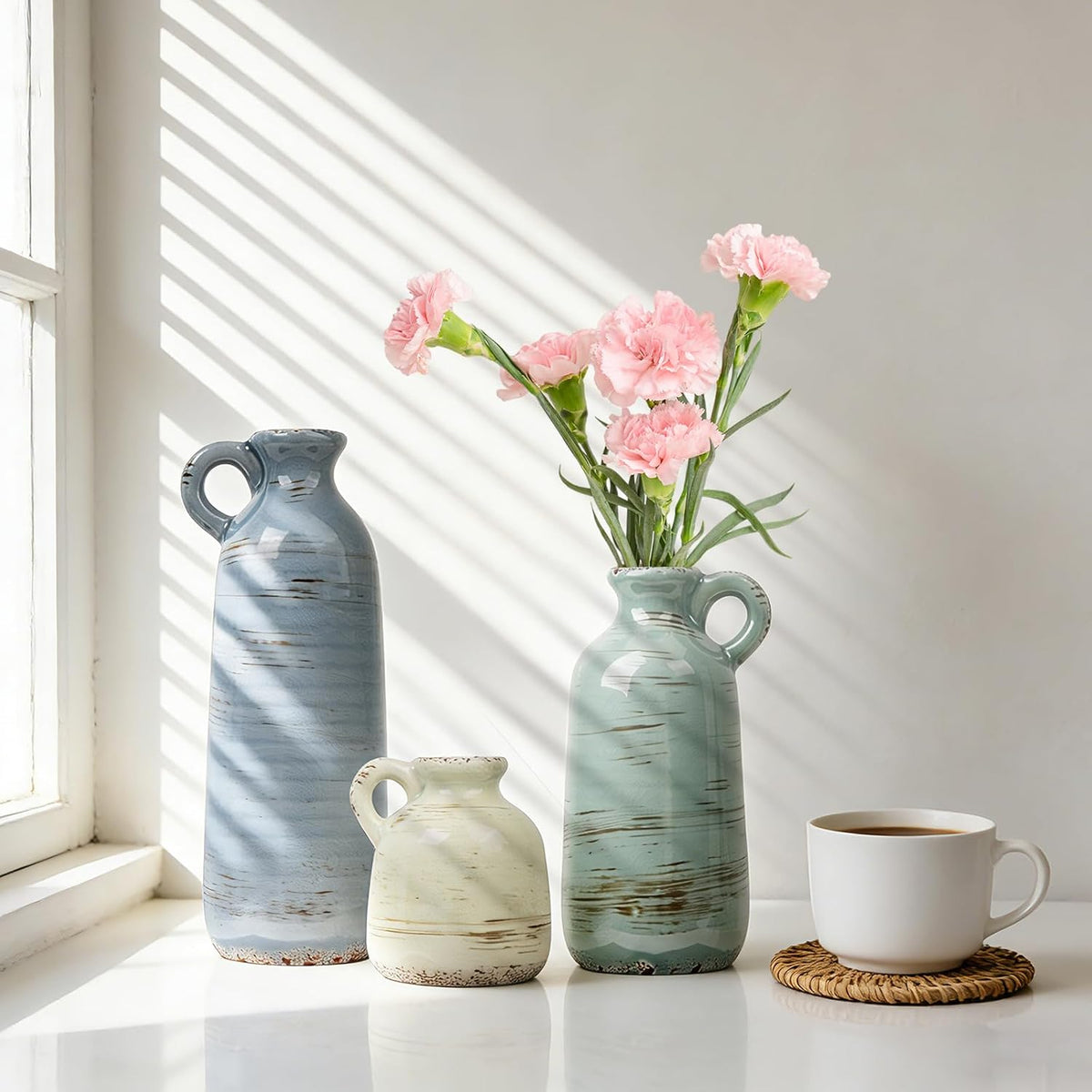 Ceramic Vase Set of 3, Vase Home Decor with Handle, Waterproof Vases