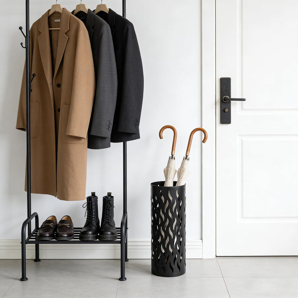 Black Umbrella Holder, Metal Umbrella Stand Holder for Entryway, 16.5 x 5.91 x 5.91 Umbrella Storage Indoor with 4 Hooks Decor for Home, Office
