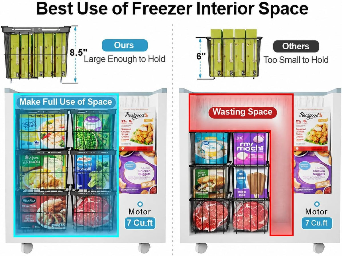 Freezer Organizer Bins - 3 Pack Adjustable Width for 5 to 7 Cu Ft Chest Freezers, Extra Height Stackable Freezer Wire Storage Baskets for Deep Freezer Organization, Black