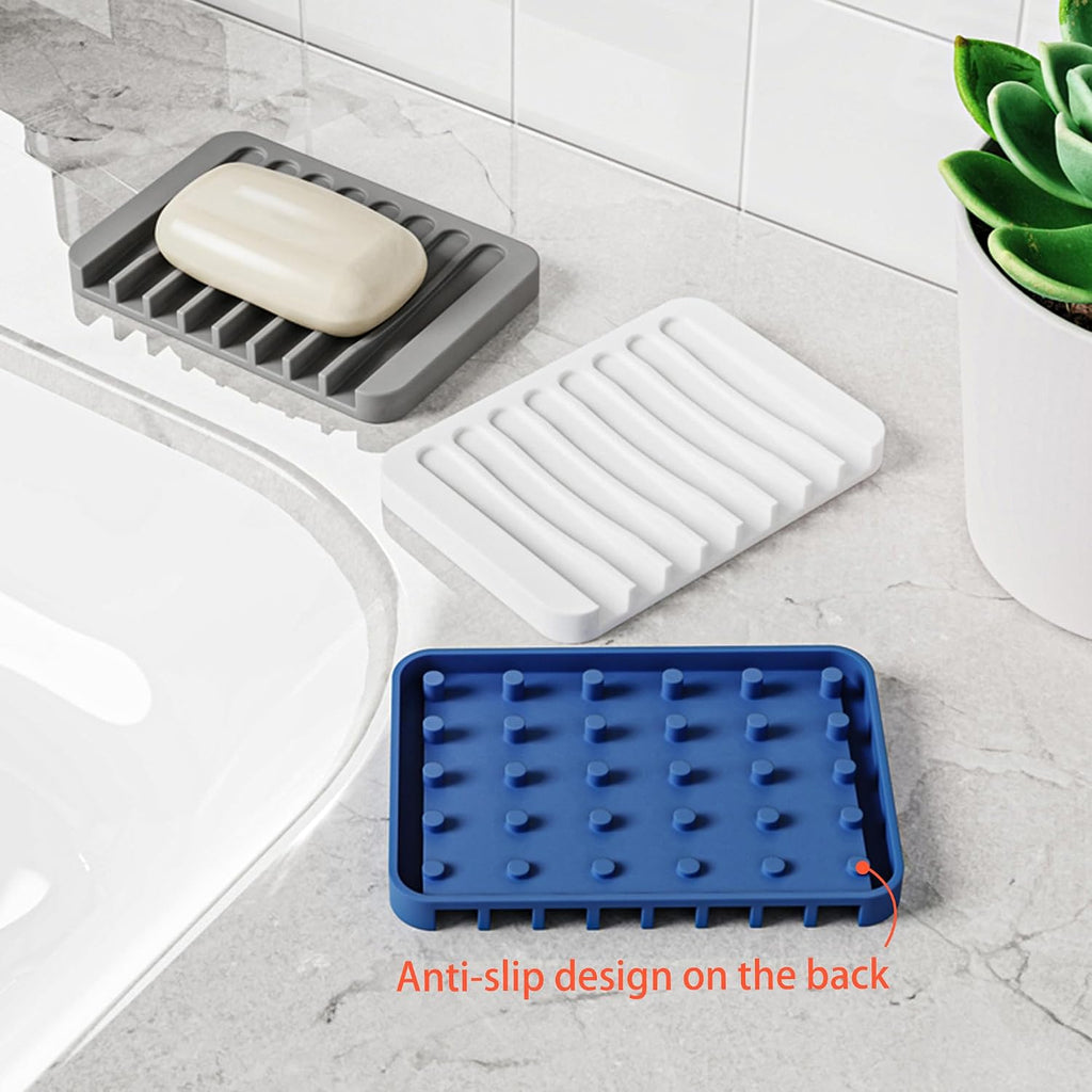 4-Pack Self Draining Soap Dish for Shower Bathroom Waterfall Silicone Soap Saver Tray Sponge Holder for Kitchen Sink Non-Slip Easy Clean (Purple)