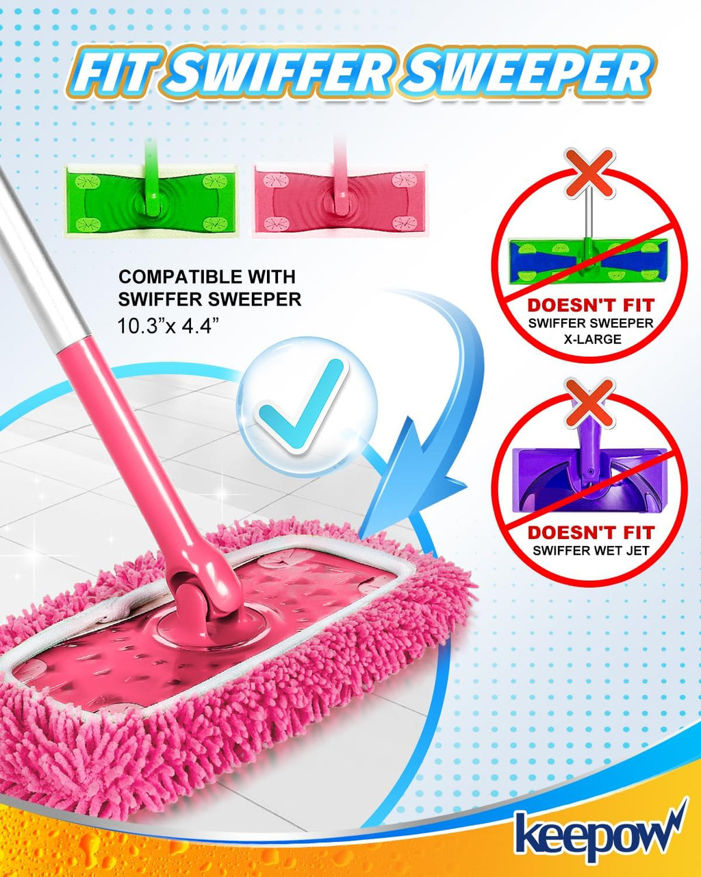 KEEPOW 4Pcs Pink Chenille Reusable Mop Pads Compatible with Swiffer Sweeper