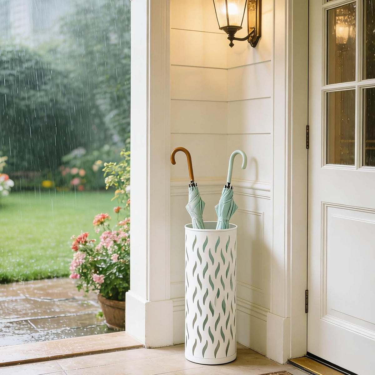 Umbrella Holder White, Metal Umbrella Stand Holder for Entryway, 16.5 x 5.91 x 5.91 Umbrella Storage Indoor with 4 Hooks Decor for Home, Office