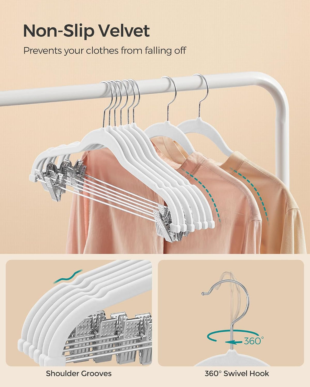 SONGMICS 30-Pack Pants Hangers, Velvet Hanger with Adjustable Clips