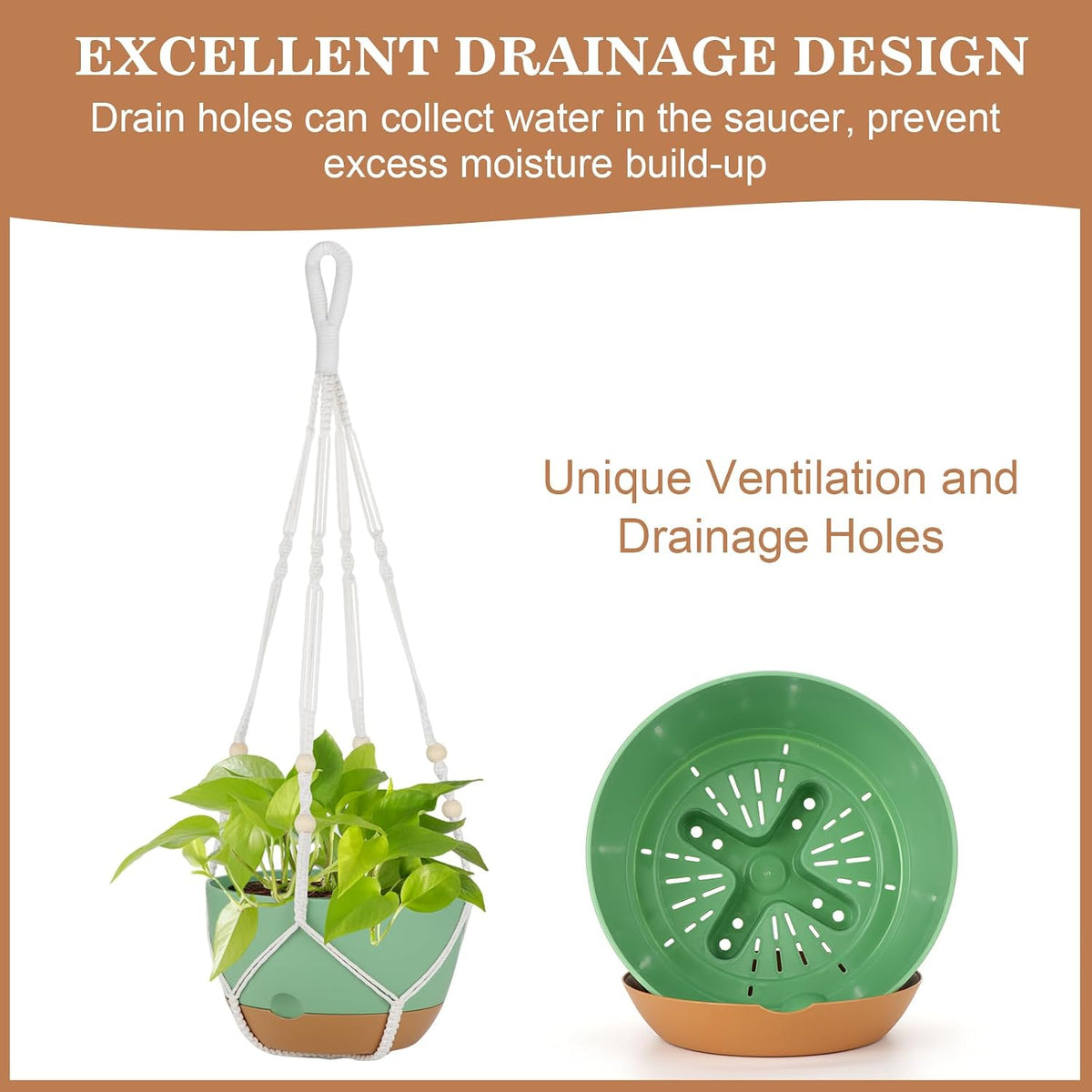 3 Pack Hanging Planter for Indoor Plants, 10inch Self-Watering Hanging Plant Pot, Macrame Plant Hanger with Pot, Chain, S & Ceiling Hooks, Removable Saucer and Drainage Holes for Garden Home - Green