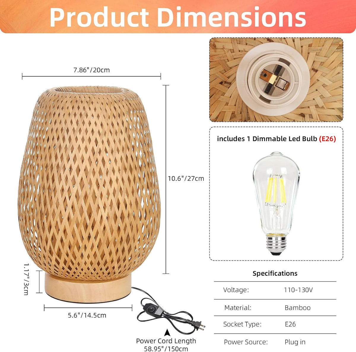 Arturesthome Bamboo Table Light Dimmable Beside Light LED Bulb Included