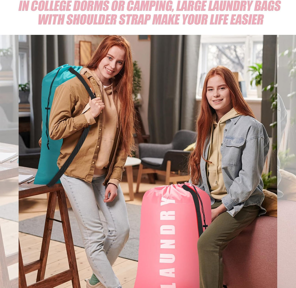 Isink Heavy Duty Laundry Bag with Strap,2 Pack Travel Laundry Bags for Dirty Clothes,24" x 36" Large Laundry Bag for Traveling,Camping,Dorm (Cyan + Pink)