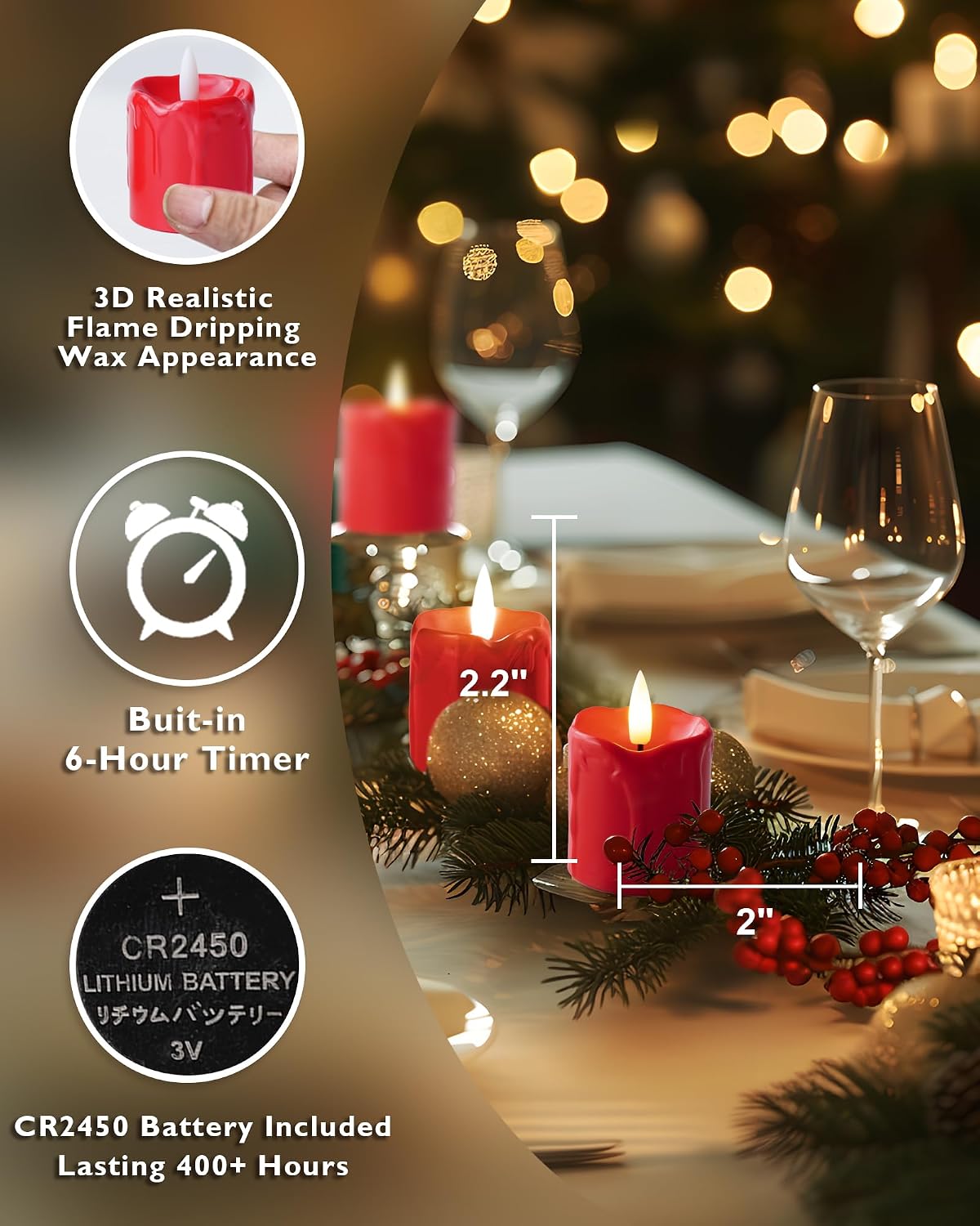 Homemory 2"x 2" Red 6 Hour Timer Flameless Votive Candles, 6 Pack